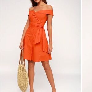 ASTR The Label NEW Orange Off the Shoulder Button Down Fit N Flare Mini Dress S